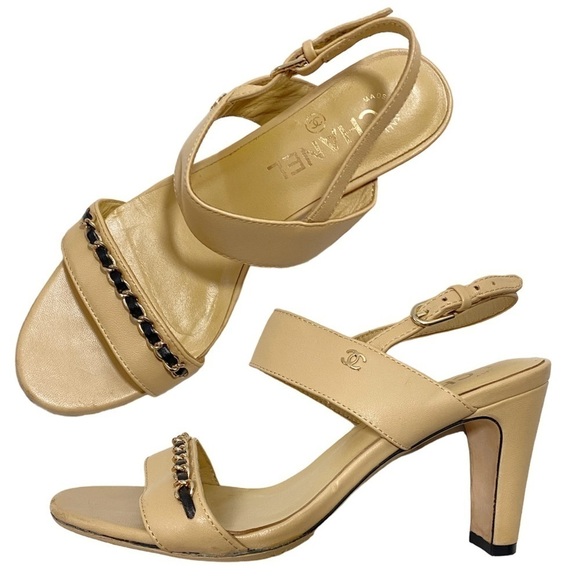 Chanel CC Logo Chain Detail Nude Leather Double Strap Slingback Heels Sandals - Picture 2 of 9